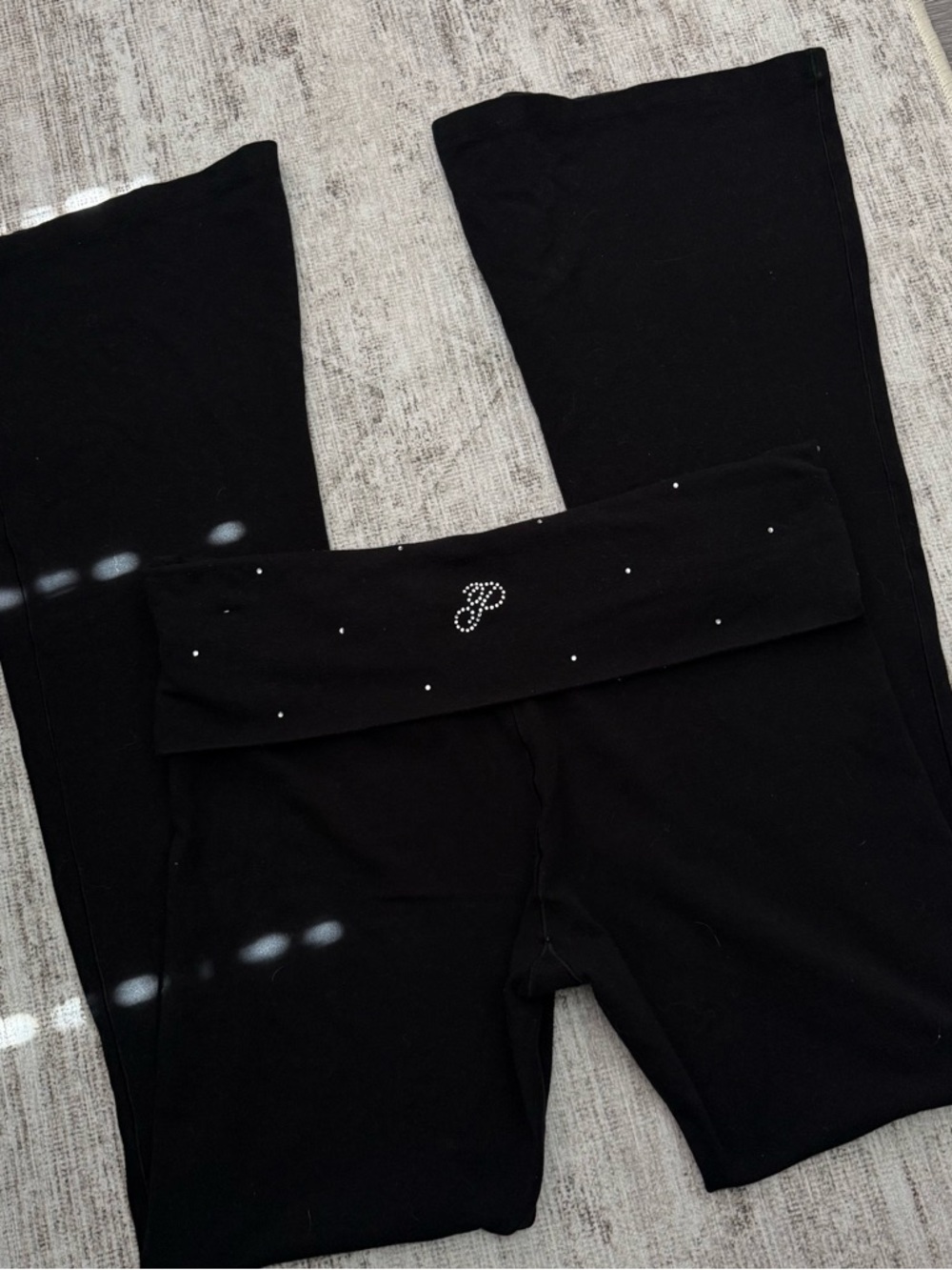 Pink Black Fold-Over Yoga Pants with Rhinestone
